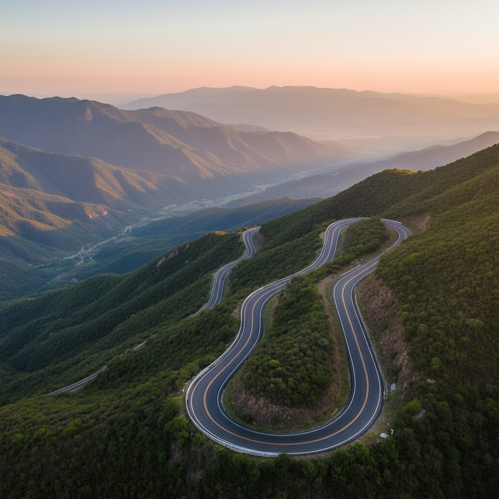 A panoramic view of a winding mountain road carved into the green slopes near Santiago, Nuevo León, with smooth asphalt and bright white guardrails tracing dramatic curves along the hillside. Below, a deep valley opens into layers of receding ridges, partially veiled in light atmospheric haze. The scene is lit by warm, early morning sunlight streaming from the side, producing long shadows that accentuate the road’s serpentine shape and the terrain’s contours. The sky glows softly with pastel hues, suggesting the start of a new adventure. Shot from a high vantage point with a wide-angle lens, the composition uses sweeping lines to guide the viewer’s eye along the route. The atmosphere feels expansive, inspiring, and professionally polished, rendered in vivid photographic realism perfect for promoting unforgettable road trip experiences.
