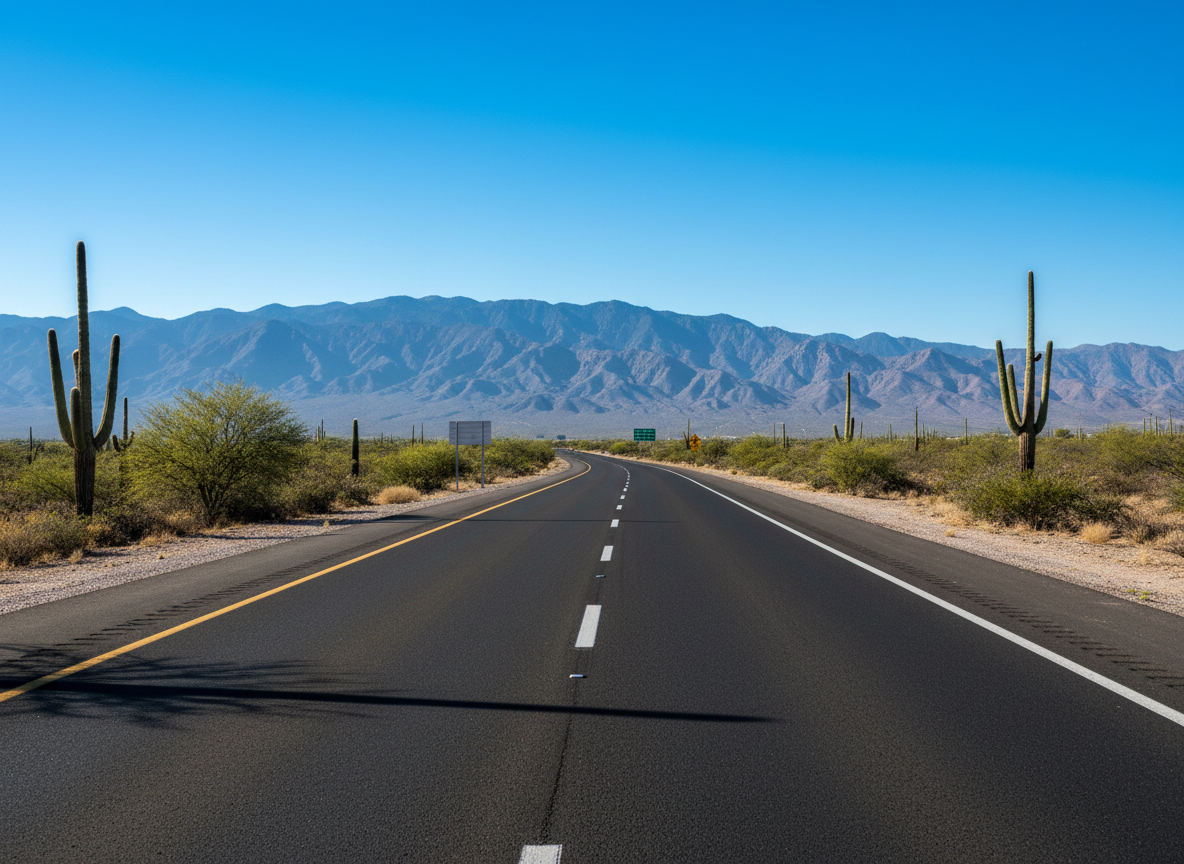 A pristine, modern highway stretching into the distance through an expansive desert landscape in northern Mexico, with clear lane markings and smooth asphalt. Gentle curves in the road lead the eye toward a distant range of blue-grey mountains under a vast, crystal-clear sky. Sparse desert vegetation, including low shrubs and cacti, lines the shoulders of the road. The scene is illuminated by bright but slightly softened midday sunlight, creating crisp, defined shadows beneath the roadside elements while preserving detail in the distant mountains. Captured from a low roadside angle with the camera close to the asphalt, the composition emphasizes depth and perspective, symbolizing limitless travel possibilities. The atmosphere is open, optimistic, and professional, rendered in high-clarity photographic realism with a clean, minimal, aspirational aesthetic.