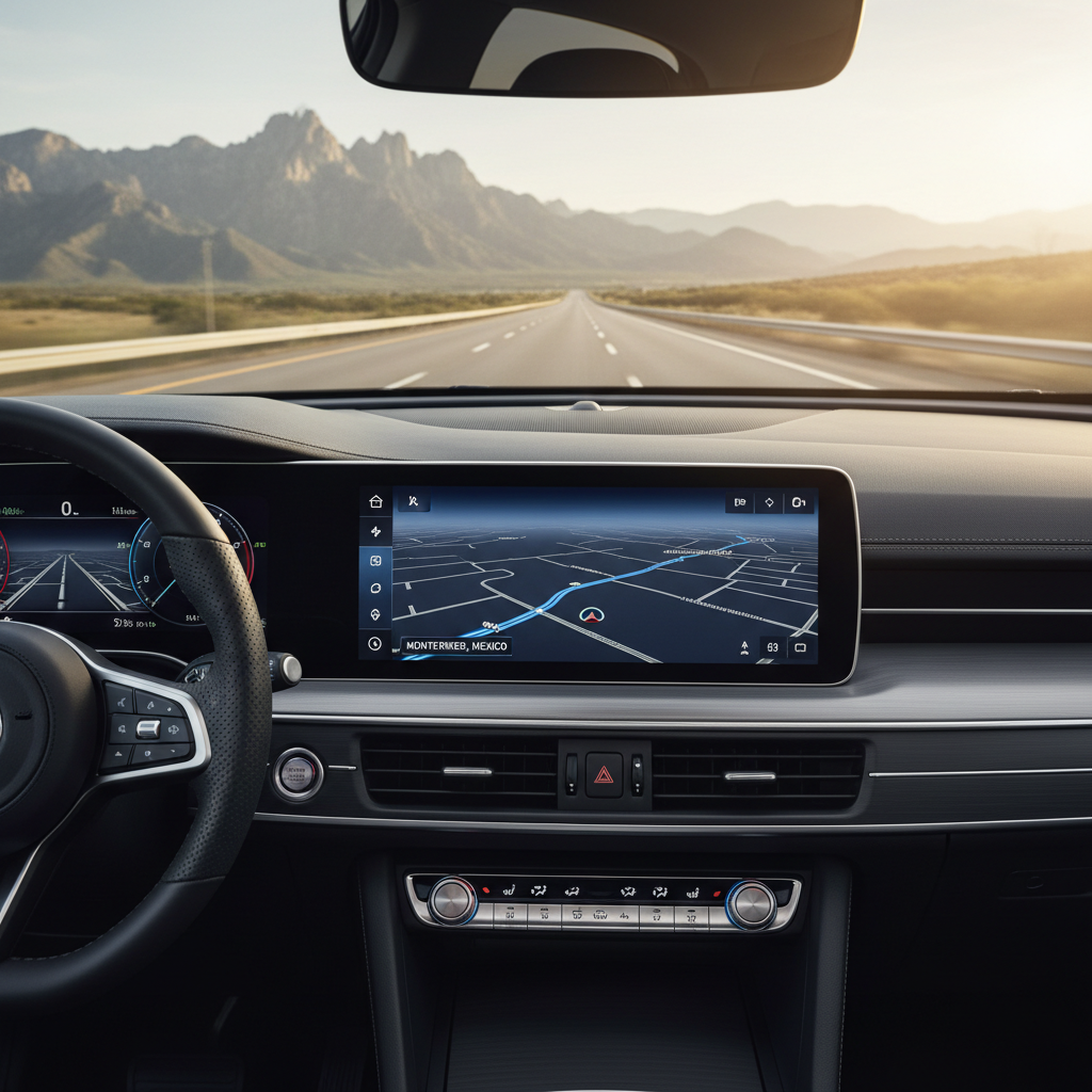 A stylish, modern dashboard of a late-model vehicle cruising along a scenic highway, showing a large central infotainment screen with a clean, minimalist navigation interface highlighting a route from Monterrey. The dashboard features matte black surfaces, subtle brushed metal accents, and a leather-wrapped steering wheel. Through the windshield, a slightly blurred glimpse of a mountainous landscape and smooth road suggests motion. Soft, natural daylight fills the cabin, creating faint reflections on the screen and delicate highlights on control knobs. Captured from the center console area looking forward, with a shallow depth of field emphasizing the navigation display. The composition is balanced and uncluttered, conveying a sense of technological ease and professional planning, portrayed with precise photographic realism and a sophisticated, modern aesthetic aligned with premium road trip services.