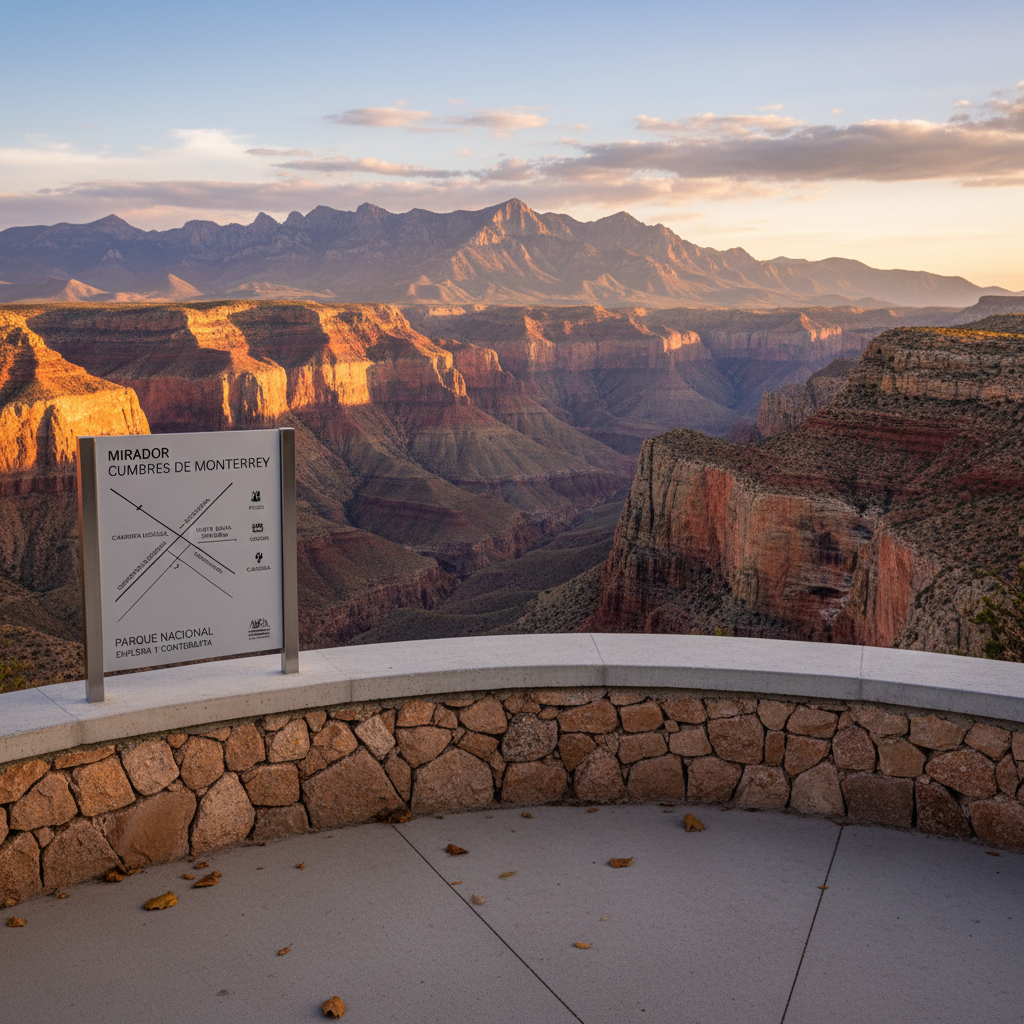 A serene roadside mirador (viewpoint) near Monterrey, featuring a sturdy stone wall with a smooth concrete top, overlooking a dramatic canyon with layered cliffs and distant peaks. A bilingual informational sign made of brushed metal and clean typography stands neatly to one side, showing a stylized map of local routes without any visible people. Late afternoon sunlight casts warm tones across the rock formations and creates defined shadows at the base of the wall. The foreground concrete is clean, with a few scattered dry leaves adding subtle texture. Photographed from a slightly elevated angle, the composition places the wall in the lower third, opening the frame to the expansive view. The mood is contemplative and inspiring, with crisp photographic realism and a professional, destination-focused aesthetic ideal for showcasing unforgettable viewpoints on curated road trips.