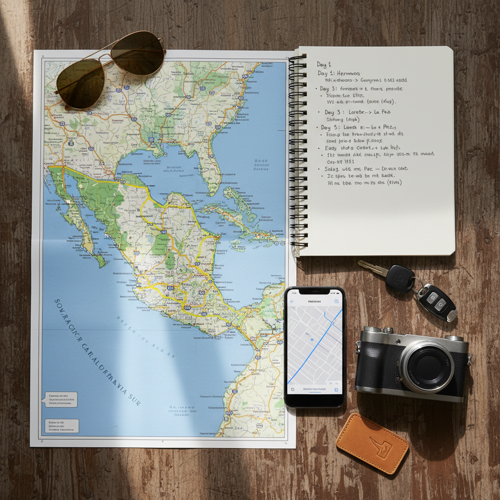 A detailed road trip planning flat lay arranged on a rustic wooden table: a large unfolded highway map of northern Mexico with highlighted routes, a spiral-bound travel notebook opened to neatly written itinerary pages, a sleek black smartphone showing a minimalist map app interface, and a modern compact camera with a textured metal body. Beside them, two glossy car keys rest on a leather key fob embossed with a subtle road icon. Soft, diffused daylight from a nearby window creates gentle shadows and natural highlights on the paper and metal surfaces. Shot from a perfect overhead bird’s-eye view with sharp focus throughout, the composition is clean and organized, evoking a professional yet inspiring mood, with photographic realism and a vibrant but controlled color palette that communicates efficient, well-planned journeys.